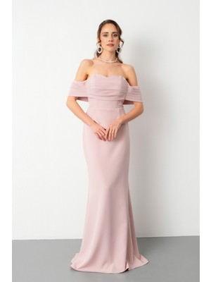Lafaba Kadın Pudra Kayık Yaka Peplum Detay Uzun Balık Abiye