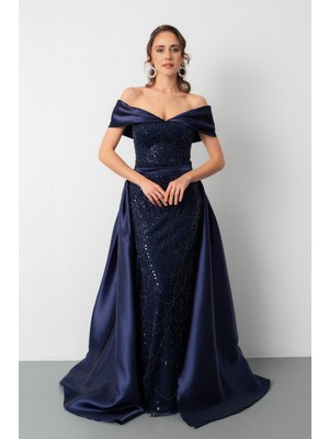 Lafaba Kadın Lacivert Kayık Yaka Kuyruklu Uzun Abiye Elbise
