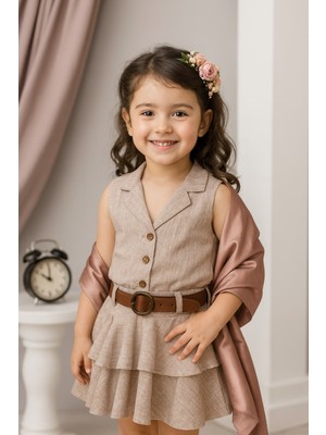 tinytrends Kız Çocuk Linen Yelek ve Etek Elbise 2'li Takım