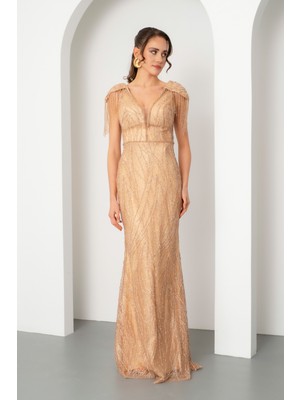 Lafaba Kadın Gold Omuz Detay Simli Uzun Abiye Elbise