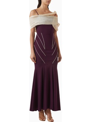 Ac By Aanchal Chanda  Off-Shoulder Koyu Mor Pileli Maxi Kadın Elbise