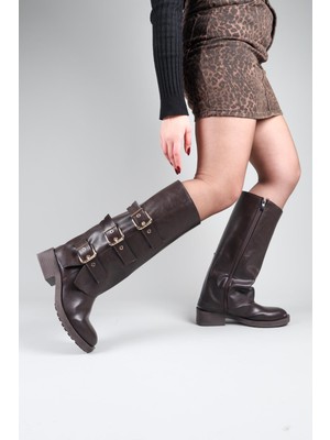 Birikon Balrog Gold Kemer Aksesuarlı Düz Çizme Kahverengi