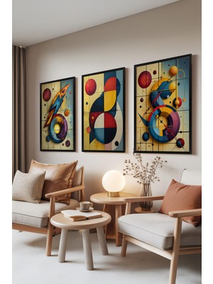 Zestia Siyah Çerçeveli 3’lü Tablo Seti, Soyut Geometrik Renkler – Retro Stil, Oturma Odası Set No: 30005