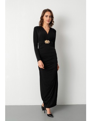 Lafaba Kadın Siyah Kemerli Büzgü Detay Midi Davet Elbisesi