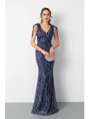 Lafaba Kadın Lacivert Omuz Detay Simli Uzun Abiye Elbise