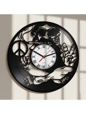 Craftverse Hippie Peace Temalı El Yapımı Vinil Plak Duvar Saati