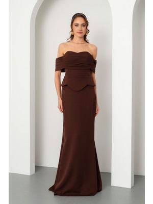 Lafaba Kadın Kahverengi Kayık Yaka Peplum Detay Uzun Balık Abiye