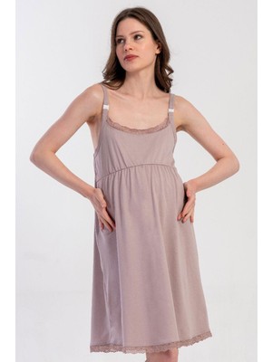 Vienetta Kadın Ince Askılı Hamile Lohusa Emzirme Kolaylıklı Açık Kahve Tunik %100 Pamuk C3T1N0305