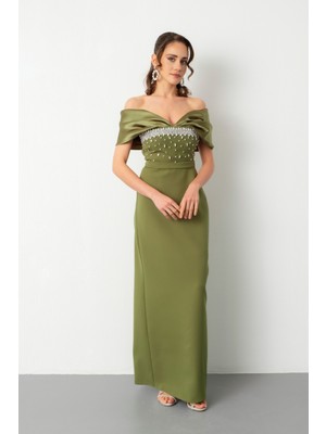 Lafaba Kadın Haki Kayık Yaka Göğsü Taşlı Uzun Abiye Elbise