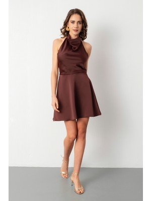 Lafaba Kadın Kahverengi Sırt Dekolteli Mini Saten Mezuniyet Abiye Elbise