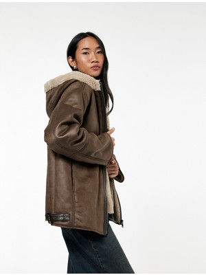 Koton Fermuarlı Uzun Kollu Cepli Içi Suni Kürklü Kapüşonlu Suni Süet Mont