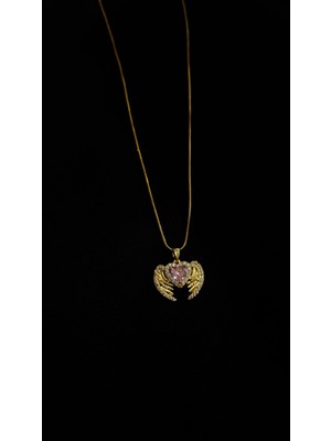 Glossy Jewelery Gold-Zirkon Taşlı Melek Kanatlı Pembe Kalp Kolye