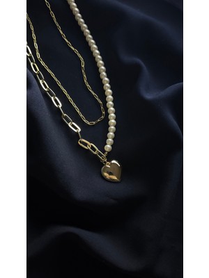 Glossy Jewelery İncili Zincir Tasarım Kalp Kolye