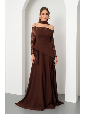 Lafaba Kadın Kahverengi Kayık Yaka Dantel Detay Uzun Abiye Elbise