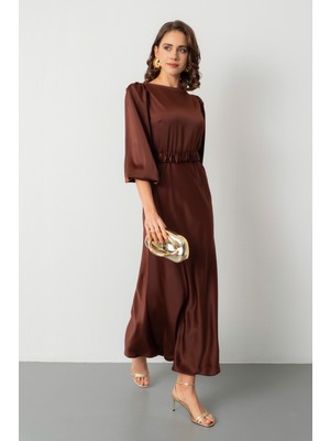 Lafaba Kadın Kahverengi Uzun Balon Kollu Nişan Elbisesi