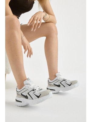 Tonny Black Kadın Beyaz Siyah Kalın Hafif Faylon Taban File Detaylı Bağcıklı Spor Ayakkabı