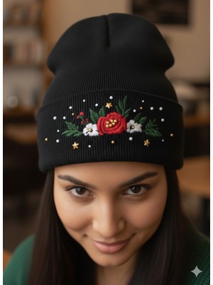 KEPP Elyapımı Nakışlı Çiçek Desenli %100 Akrilik Standart Triko Bere Sevgililer Günü Hediyesi