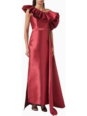 Ac By Aanchal Chanda One-Shoulder Ruffle Gown Tek Omuzlu Volanlı Kırmızı Kadın Elbise