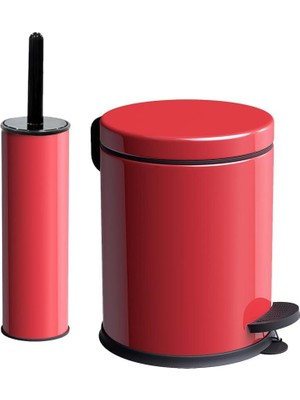 Vinoks Eko Serisi Ayak Basmalı Özellikli 2'li Banyo Seti 3 Litre Çöp Kovası ve Kolozet Fırçası Paslanmaz Kırmızı
