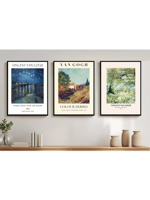 Koi Art Design Modern Siyah/beyaz Premium Quality Çerçeveli 3’lü Tablo Seti | Van Gogh
