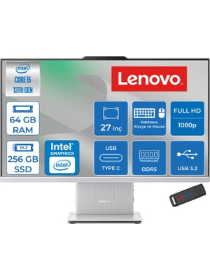 Lenovo Ideacentre Aıo 27IRH9  Intel Core I5-13420H 4.6ghz 64GB Ddr5 256GB SSD 27" Fhd (1920X1080) IPS 300NITS 99% Srgb Freedos All-In-One Bilgisayar F0HM0046TRF21+ZettaUsbBellek