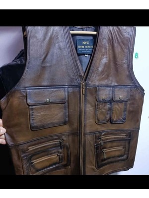Nyc Giyim Tekstil Hakiki Deri Avcı Yeleği Karartmalı Kahve