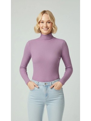 Alfanora Kadın Tam Boğazlı Fitilli Likrali Kaşkorse Badi Ince Uzun Kollu Kazak - Mor