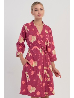 Vienetta Kadın Gülkurusu Kapri Kol %100 Pamuk Kemerli Sabahlık C5T2N0405