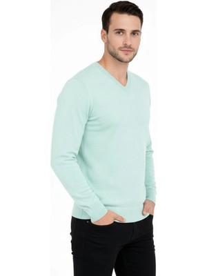 Alfanora Erkek V Yaka Triko Kazak Yumuşak Dokulu Pamuklu Ince Dokuma, Uzun Kollu Rahat Regular Kalıp - Mint Yeşili