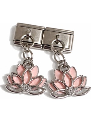 Lines Bijuteri Pembe Lotus Çiçeği Figürlü Italyan Charm – Çelik Bileklik Uyumlu Sallantılı Charm