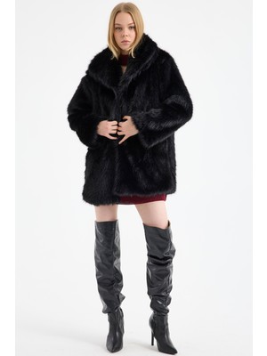 Sementa Dik Yaka Uzun Suni Kürk Kaban - Siyah