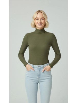 Alfanora Kadın Tam Boğazlı Fitilli Likrali Kaşkorse Badi Ince Uzun Kollu Rahat Kazak - Haki