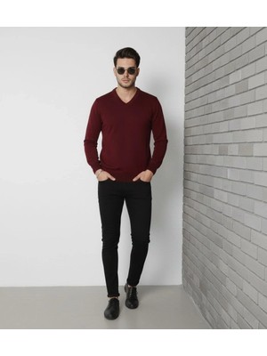 Alfanora Erkek V Yaka Triko Kazak Yumuşak Dokulu Pamuklu Ince Dokuma, Uzun Kollu Rahat Regular Kalıp - Bordo