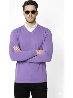 Alfanora Erkek V Yaka Triko Kazak Yumuşak Dokulu Pamuklu Ince Dokuma, Uzun Kollu Rahat Regular Kalıp - Mor