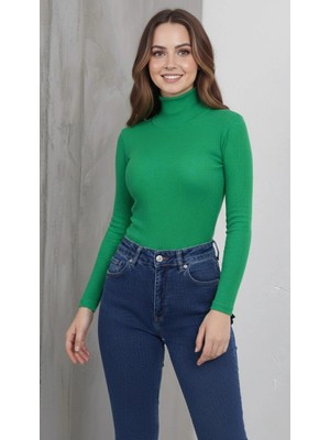 Alfanora Kadın Tam Boğazlı Fitilli Likrali Kaşkorse Badi Ince Uzun Kollu Kazak - Çimen Yeşili