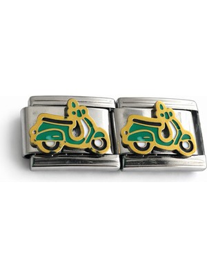 Lines Bijuteri Scooter Figürlü Italyan Charm | Yeşil Altın Detaylı Paslanmaz Çelik Bileklik Ucu