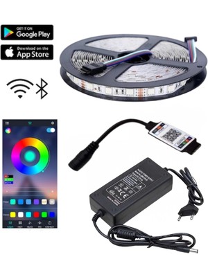 Powerr Led Aydınlatma 5 Metre 12V 120 Ledli Rgb Iç Mekan Şerit LED 5A Plastik Adaptör Bluetoothlu Telefondan LED Kontrol Üniteli Set