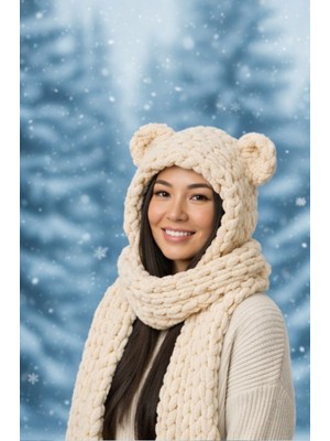 Ipekish Beyaz Ayı Kulaklı Örgü Bere Atkı Seti | Kadın Kışlık Yumuşak Dokulu | Sevgiliye Özel Hediye