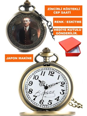  kemal atatürk görsel ve ımzalı gümüş renk zincirli köstekli cep saati acs-b10