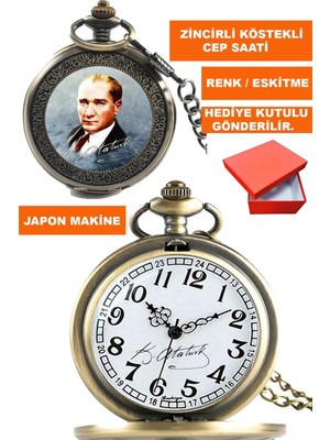  kemal atatürk görsel ve ımzalı gümüş renk zincirli köstekli cep saati acs-b6