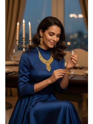 Alya's Aksesuar Altın Kaplama Etnik Takı Seti-Düğün, Nişan Set