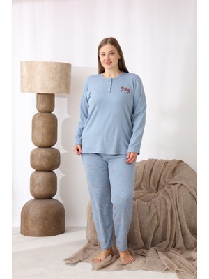 Eyfuze kadın Büyük Beden Desenli Yakası Düğmeli Uzun Kollu Kışlık Pijama Takımı