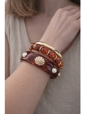 Hector Co Jewellery Kehribar Tonlu Deniz Kabuğu Figürlü Gold Detaylı Üçlü Kadın Bileklik Seti