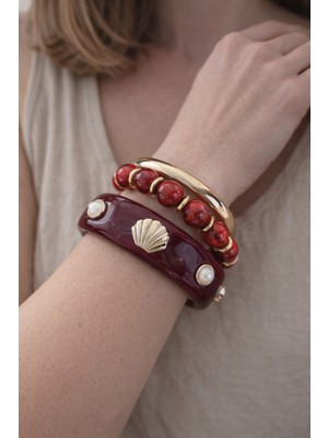 Hector Co Jewellery Bordo Kehribar Görünümlü Deniz Kabuğu Figürlü Gold Detaylı Üçlü Kadın Bileklik Seti