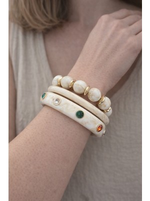 Hector Co Jewellery Krem Kehribar Görünümlü Renkli Taş Detaylı Gold Aksanlı Üçlü Kadın Bileklik Seti
