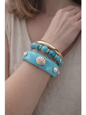 Hector Co Jewellery Turkuaz Kehribar Görünümlü Deniz Kabuğu Figürlü Gold Detaylı Üçlü Kadın Bileklik Seti