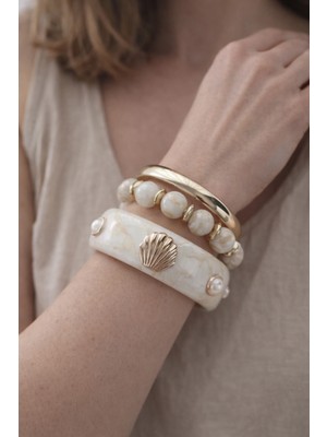 Hector Co Jewellery Inci Detaylı Deniz Kabuğu Figürlü Gold Aksanlı Üçlü Kadın Bileklik Seti