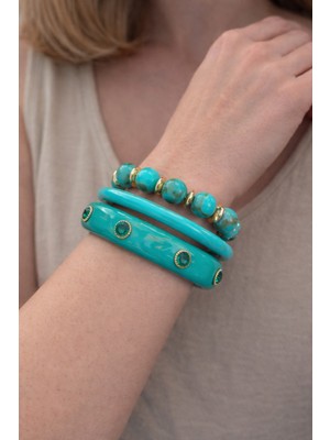 Hector Co Jewellery Zümrüt Yeşili Taş Detaylı Turkuaz Kehribar Görünümlü Üçlü Kadın Bileklik Seti