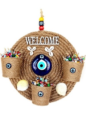 İlkyaz Fashion Üç Saksılı Welcome Yazılı Deniz Kabuklu Nazar Boncuklu Hasır Kapı Süsü