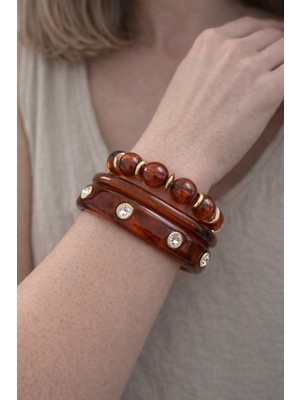 Hector Co Jewellery Amber Tonlu Kehribar Görünümlü Taş Detaylı Gold Aksanlı Üçlü Kadın Bileklik Seti